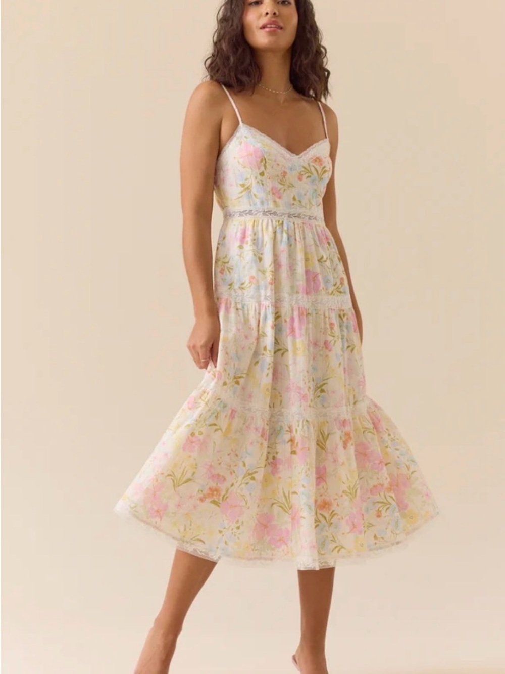 Altar'd State Cream Midi Dress with Pink Floral Print